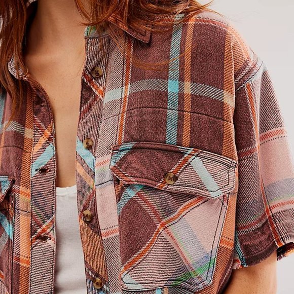Free People We The Free Vintage Crush Plaid Shirt In Brown Combo Size XS NWT - Picture 2 of 14